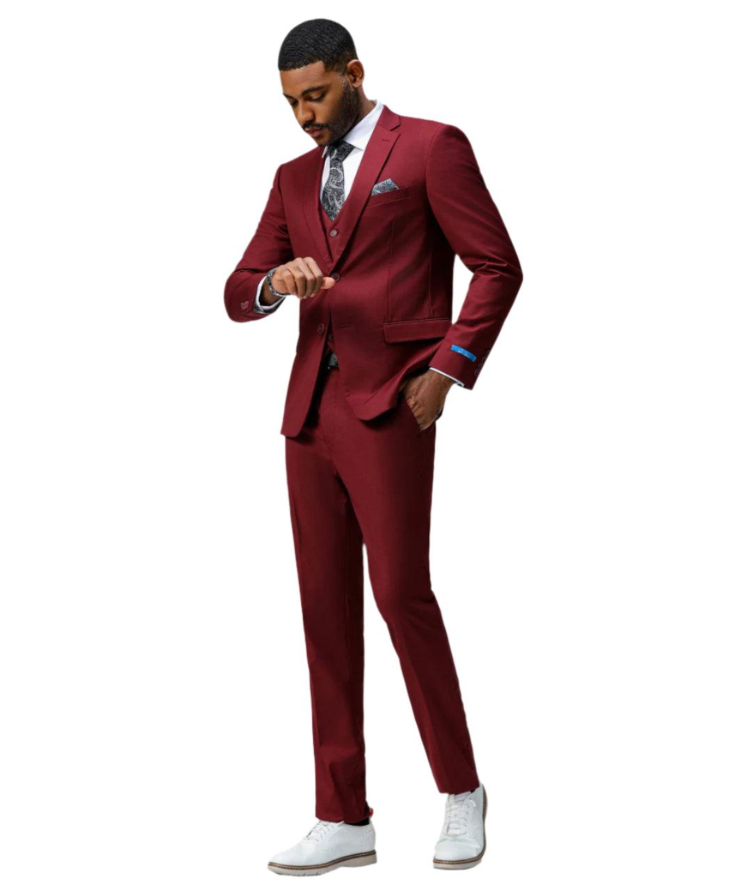Men's Slim Fit Solid Burgundy 3 Piece Suit Male Product Image