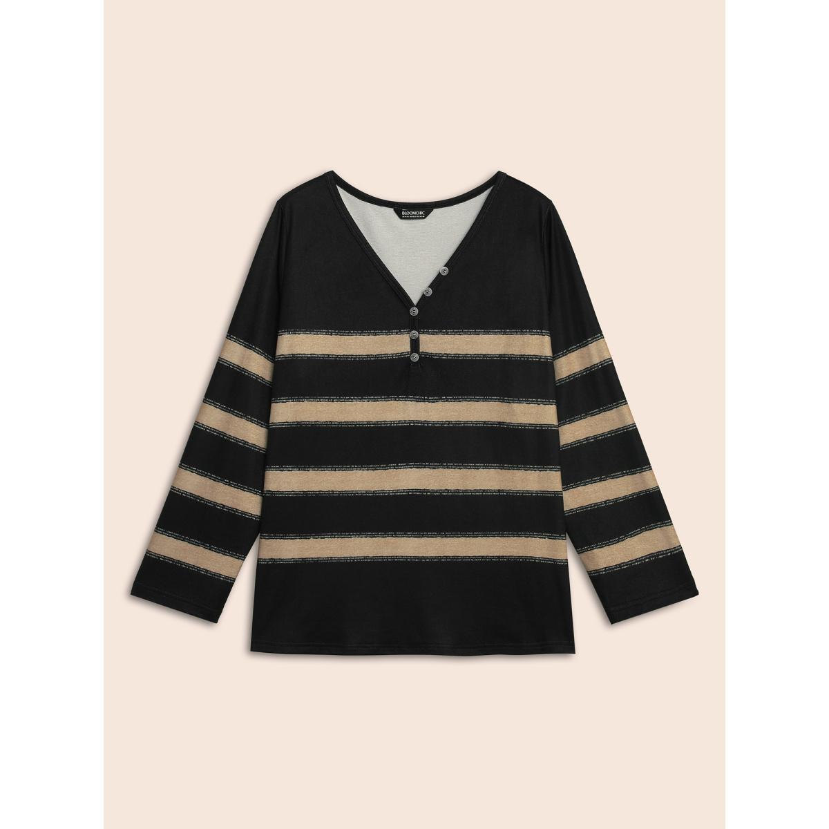 Plus Size Contrast Striped Button Detail T-shirt Black Women Casual Button V-neck Everyday T-shirts BloomChic 10/M Product Image