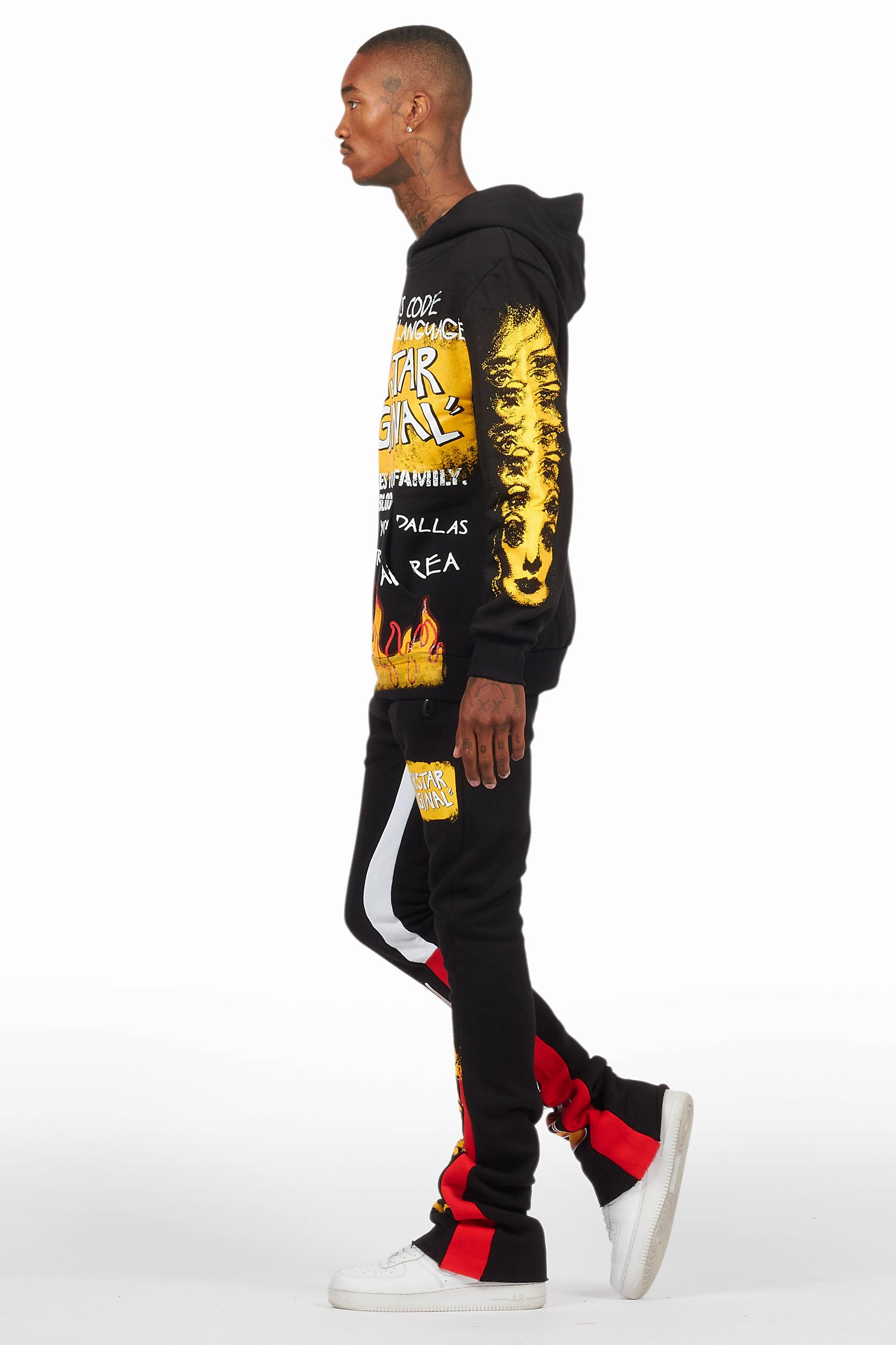 Beno Black/Yellow Stacked Flare Hoodie Track Set Male Product Image