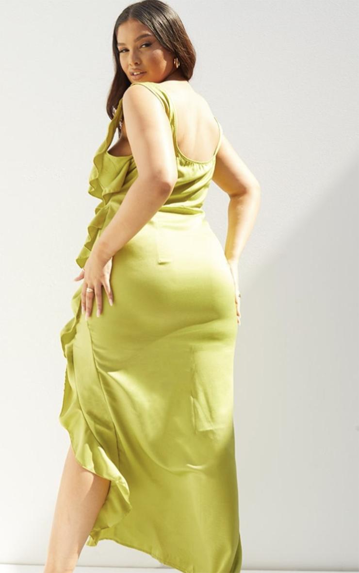 Plus Olive Satin Frill Layered Maxi Dress Product Image