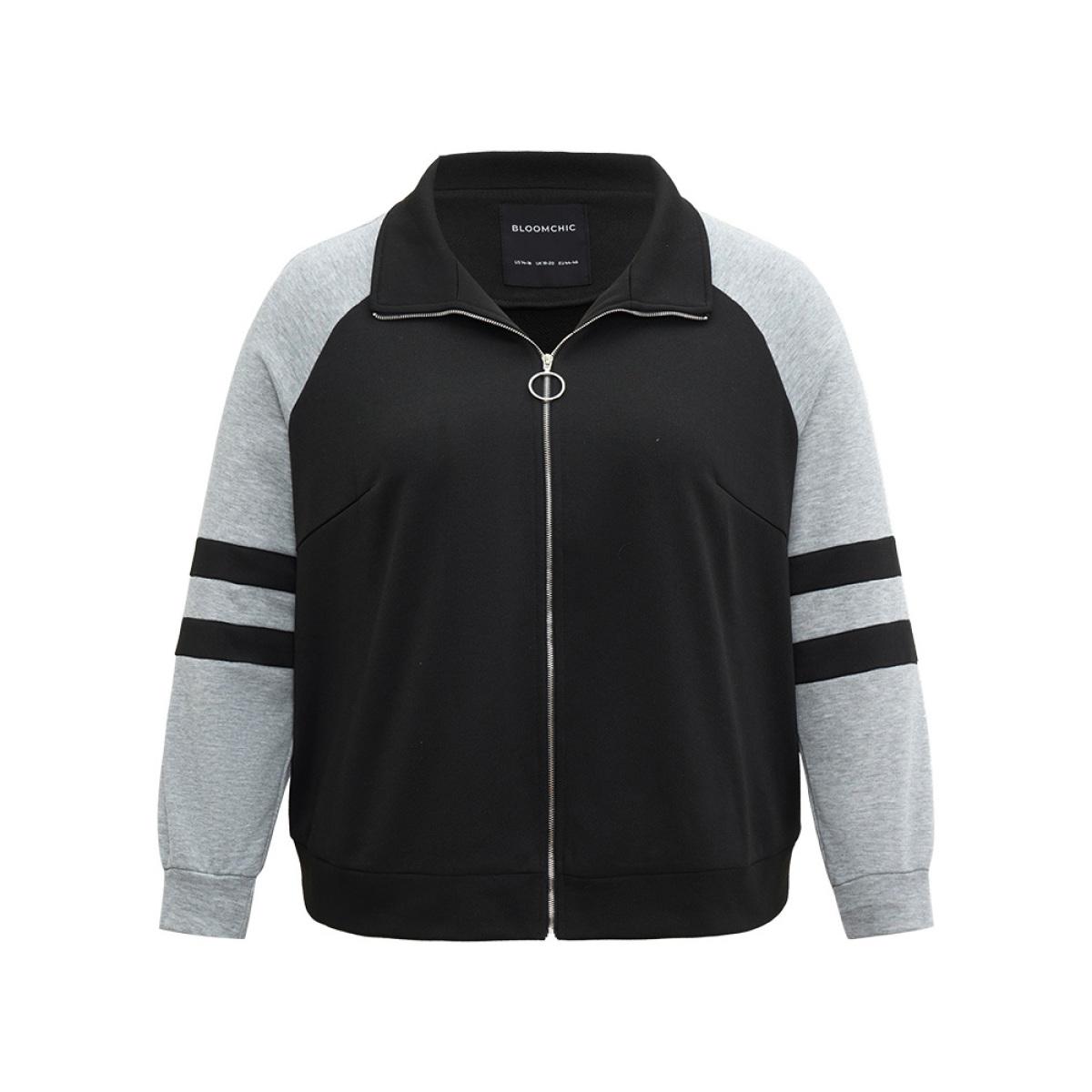 Plus Size Contrast Contrast Trim O Ring Zipper Jacket Women Black Contrast Everyday Jackets BloomChic 14-16/1X Product Image