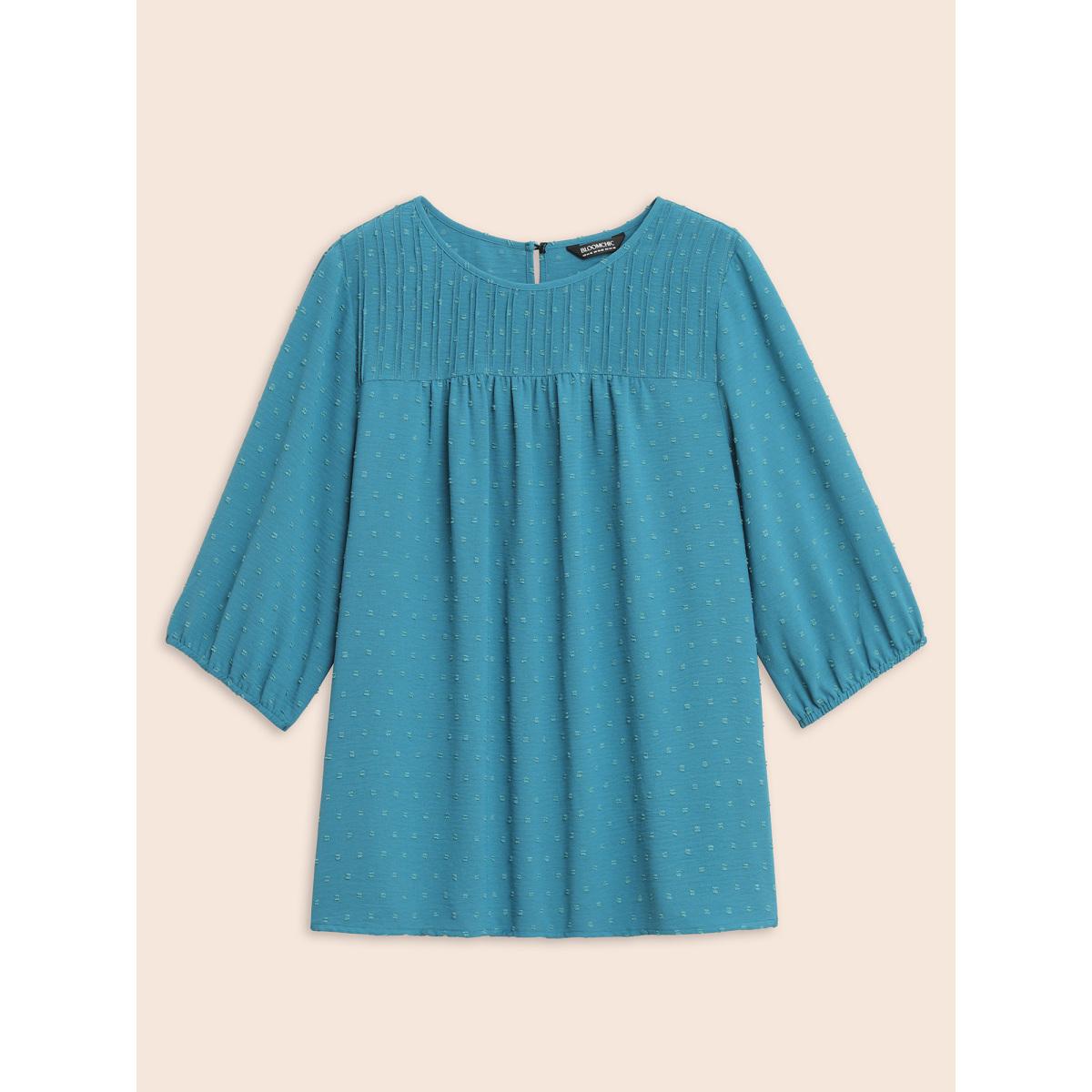 Plus Size Cerulean Texture Round Neck Pleated Lantern Sleeve Blouse Women Elegant Elbow-length sleeve Round Neck Everyday Blouses BloomChic 26/4X Product Image