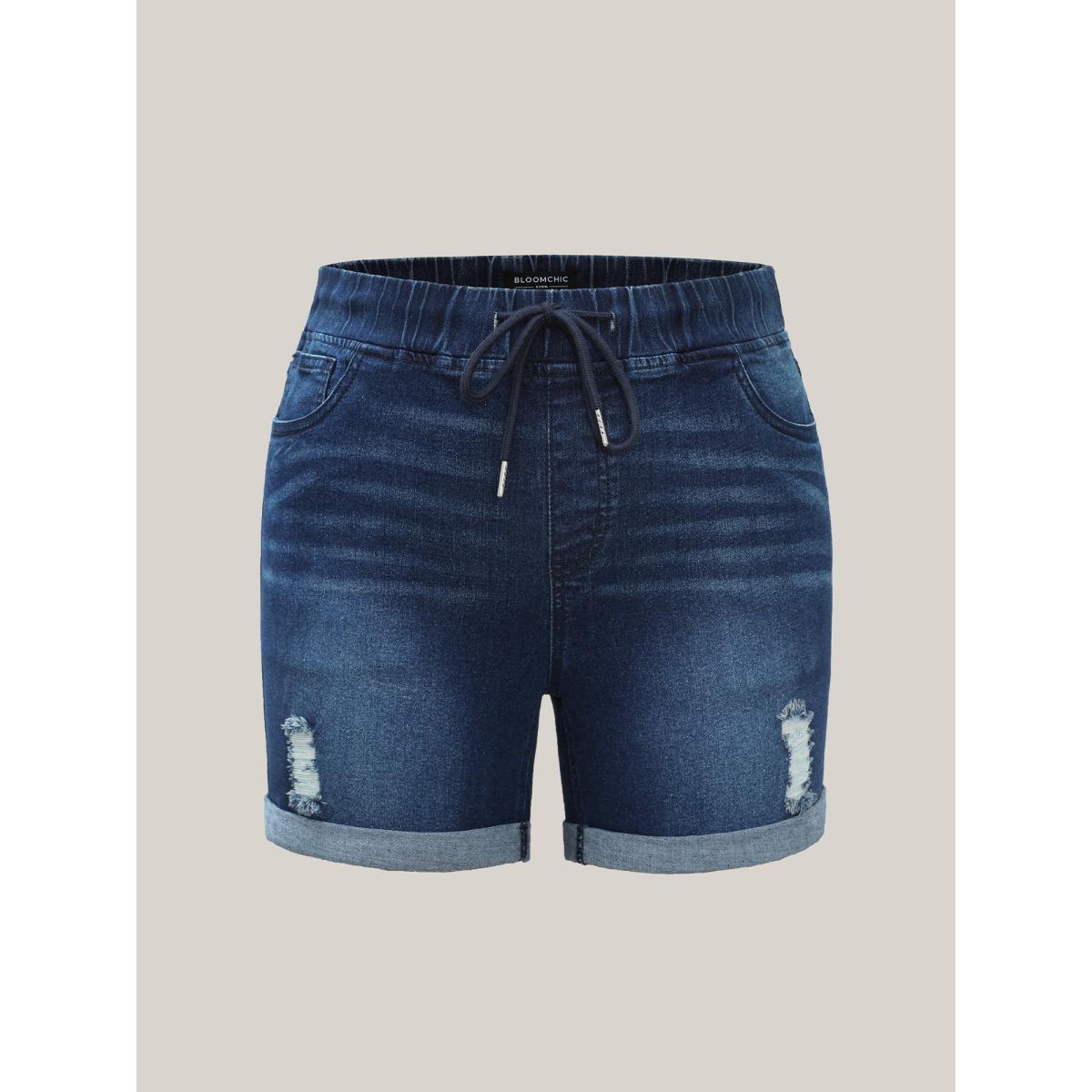 Plus Size Distressed Drawstring Roll Hem Denim Shorts Women Indigo Drawstring High stretch Casual Slanted pocket Leisure Denim Shorts BloomChic 28/5X Product Image