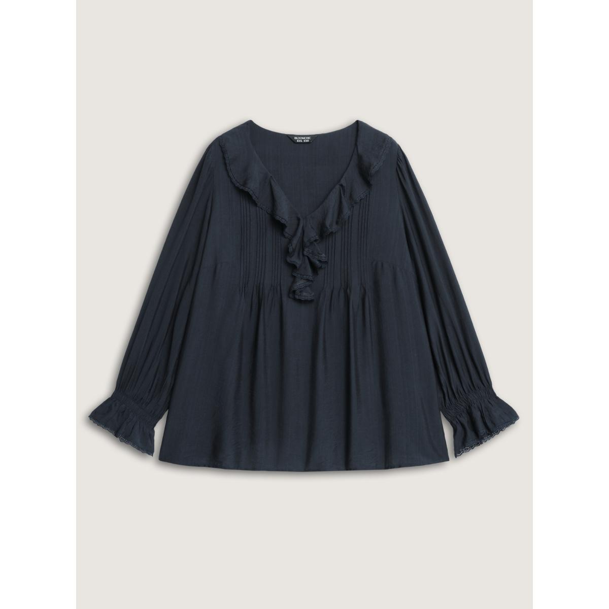 Plus Size DarkBlue Ruffled Neckline Stretchy Cuffs Blouse Women Romantic Extra Long Sleeve Lace collar Elegant Blouses BloomChic 22-24/3X Product Image