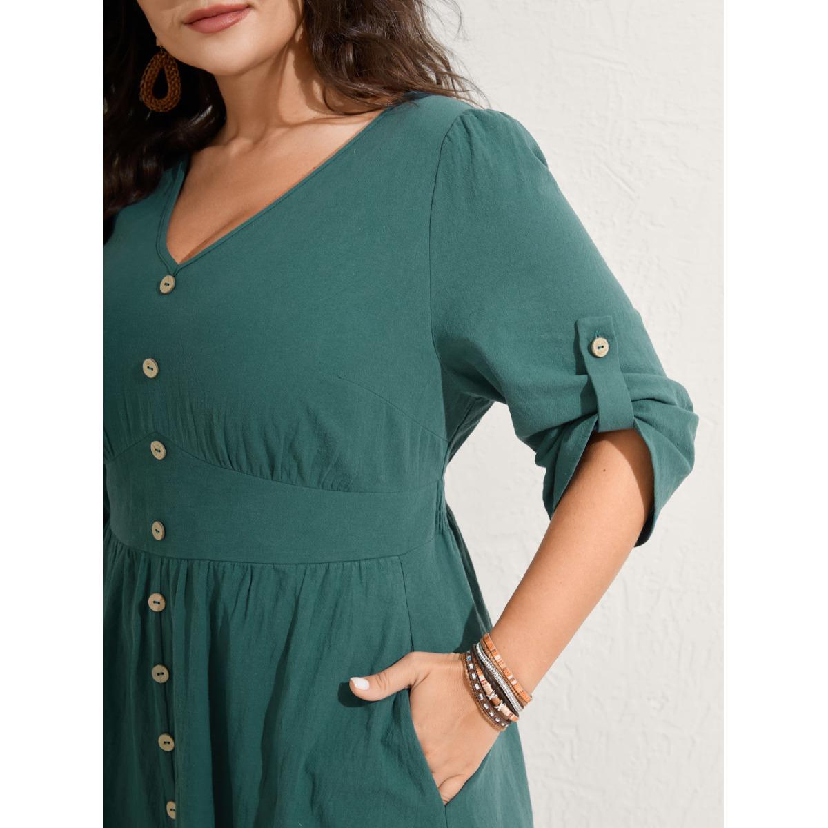 Plus Size Pure Cotton Button Gathered Sleeve Midi Dress Teal Women Boho Gathered V-neck Elbow-length sleeve Curvy BloomChic 26/4X Product Image