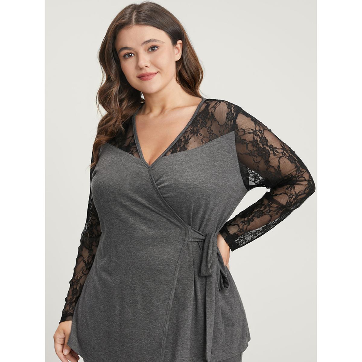 Plus Size Solid Contrast Lace Knot Side Pajama Set Women DimGray Plain Patchwork Long Sleeve V-neck Elegant Loungewear Sets BloomChic 22-24/3X Product Image