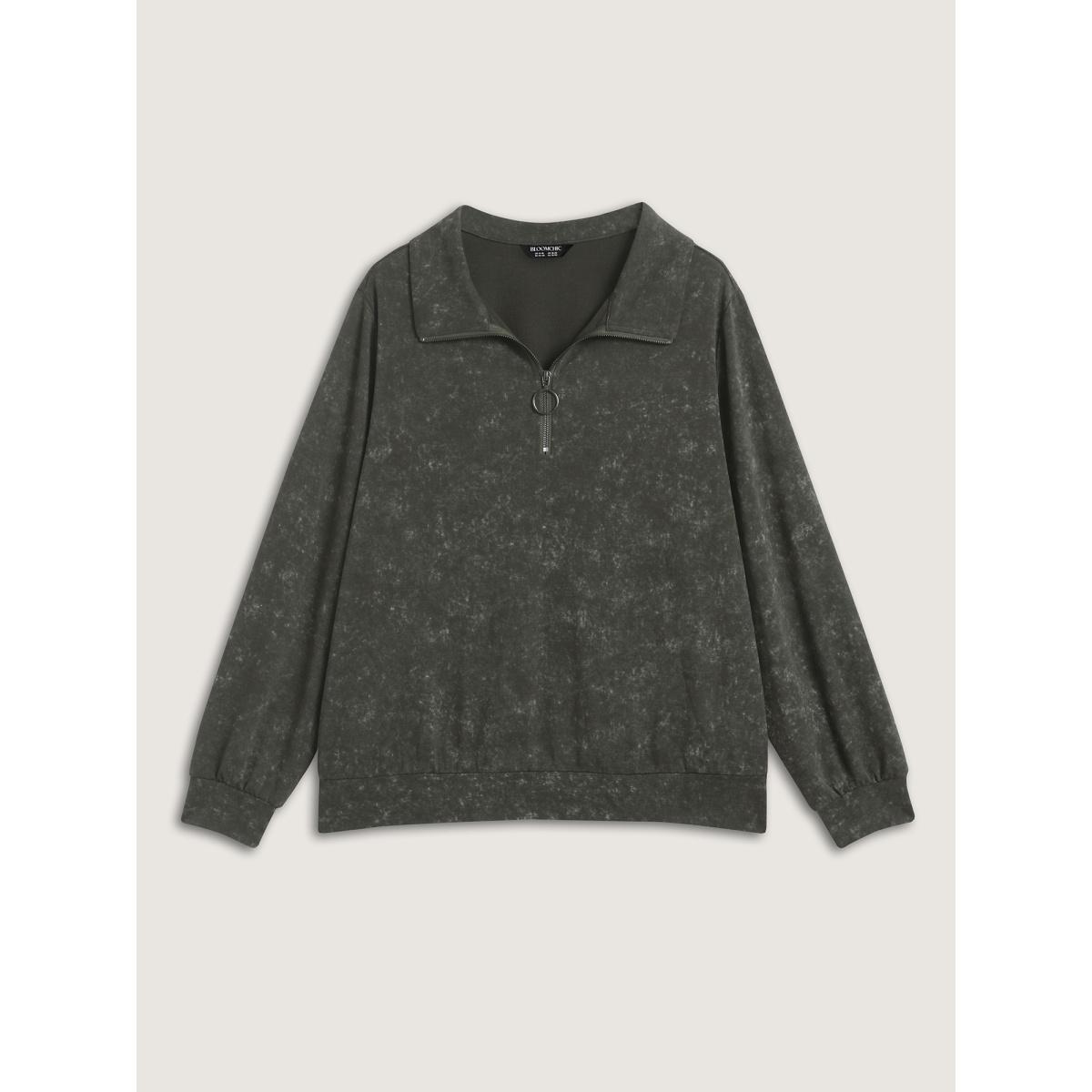 Plus Size Snow Wash Effect Half-Zipper Sweatshirt Women ArmyGreen Non Loose Stand-up collar Casual Sweatshirts BloomChic 10/M Product Image