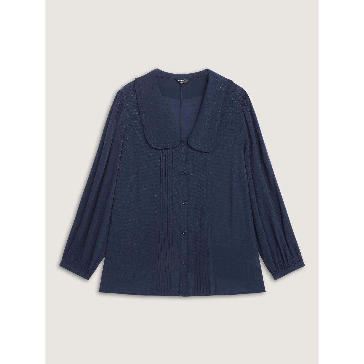 Plus Size DarkBlue Rayon Textured Semi Sheer Placket Blouse Women Office Long Sleeve Lapel Collar Office Blouses BloomChic 30/6X Product Image