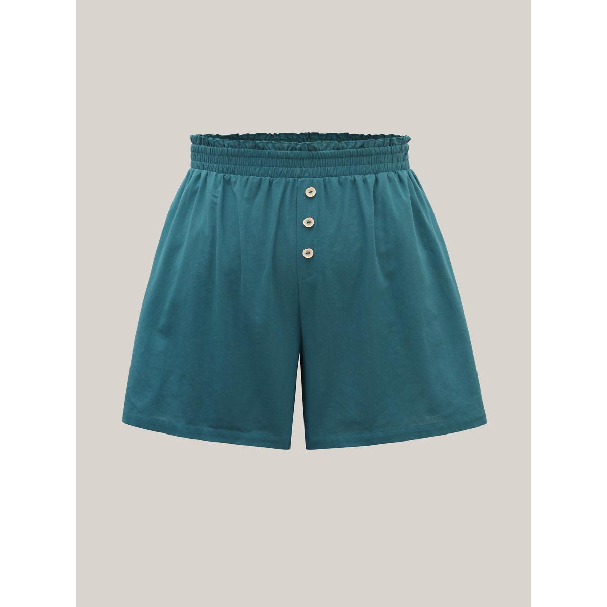 Plus Size Smocked Waist Buckle Button Shorts Women Aegean Casual Button Everyday Shorts BloomChic 22-24/3X Product Image