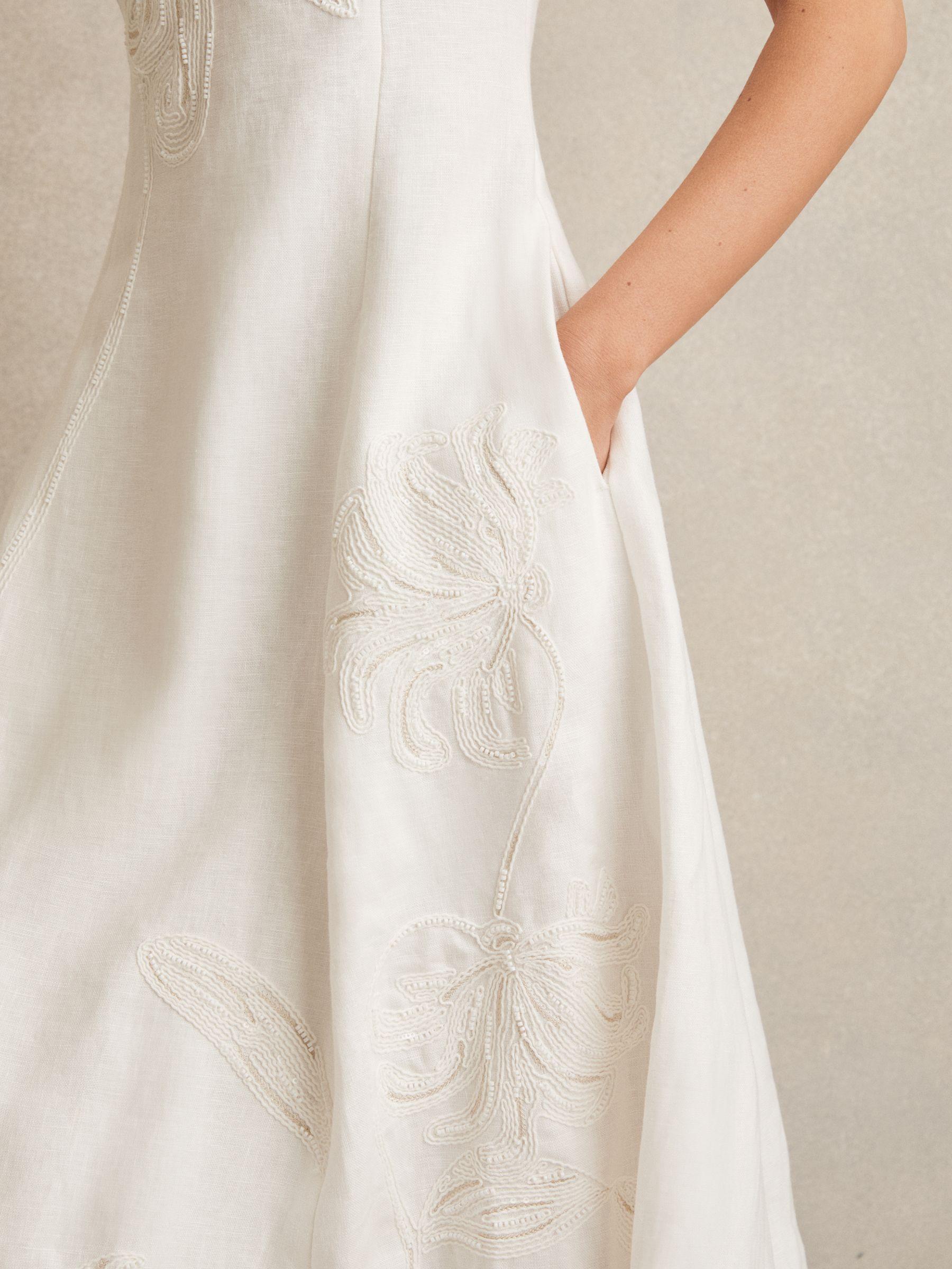 Linen Floral-Embroidered Midi Dress in Ivory Product Image