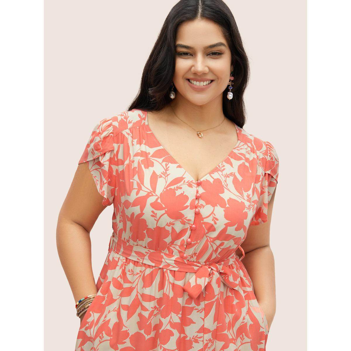 Plus Size Silhouette Floral Print Lace Trim Petal Sleeve Dress Salmon Women Resort Overlapping V-neck Cap Sleeve Curvy Midi Dress BloomChic 26/4X Product Image