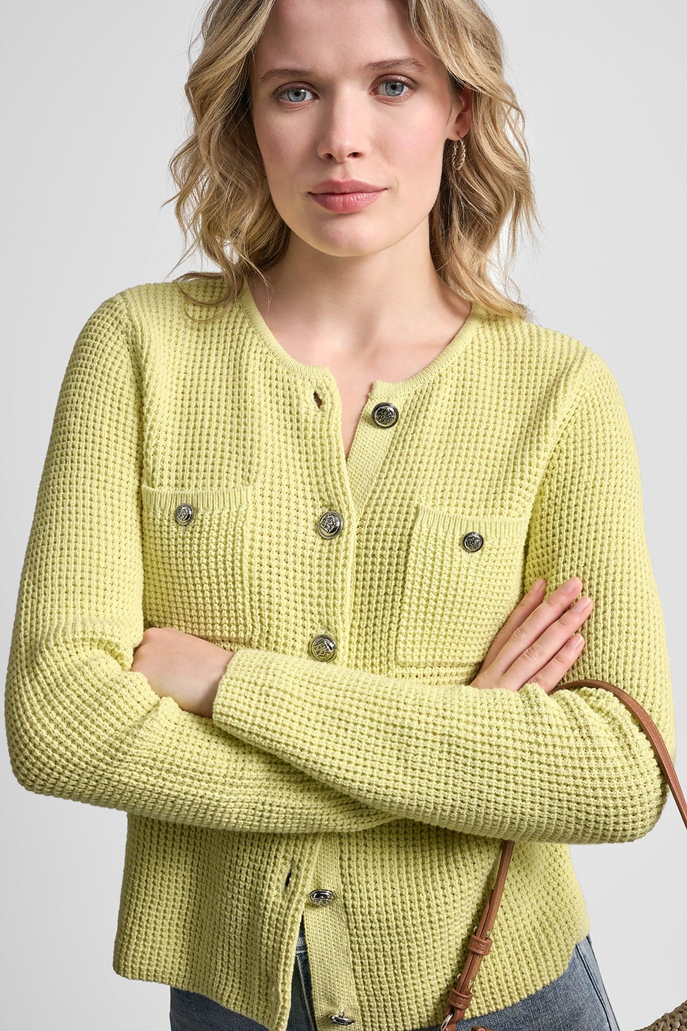 TUCK STITCH CREW NECK CARDIGAN Product Image
