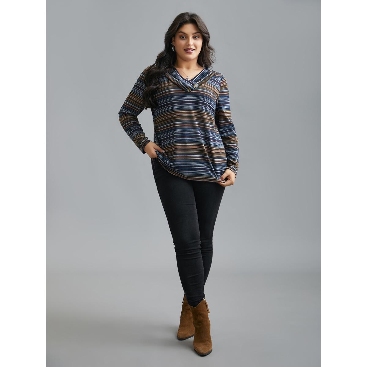 Plus Size V Neck Multi-Color Stripes Slim-Fit T-Shirt Indigo Women Casual Button Asymmetrical Neck Everyday T-shirts BloomChic 14-16/1X Product Image