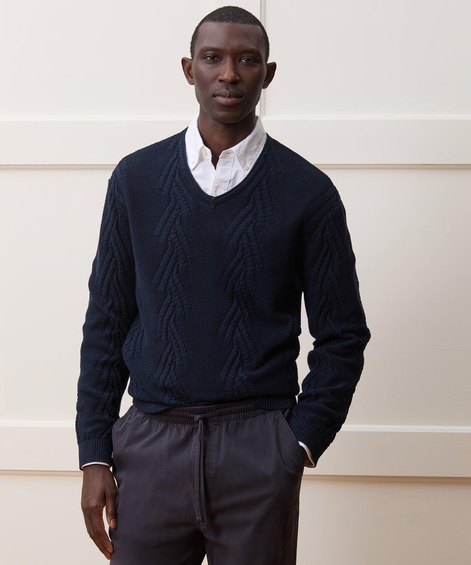 Cotton V-Neck Fisherman Sweater Product Image