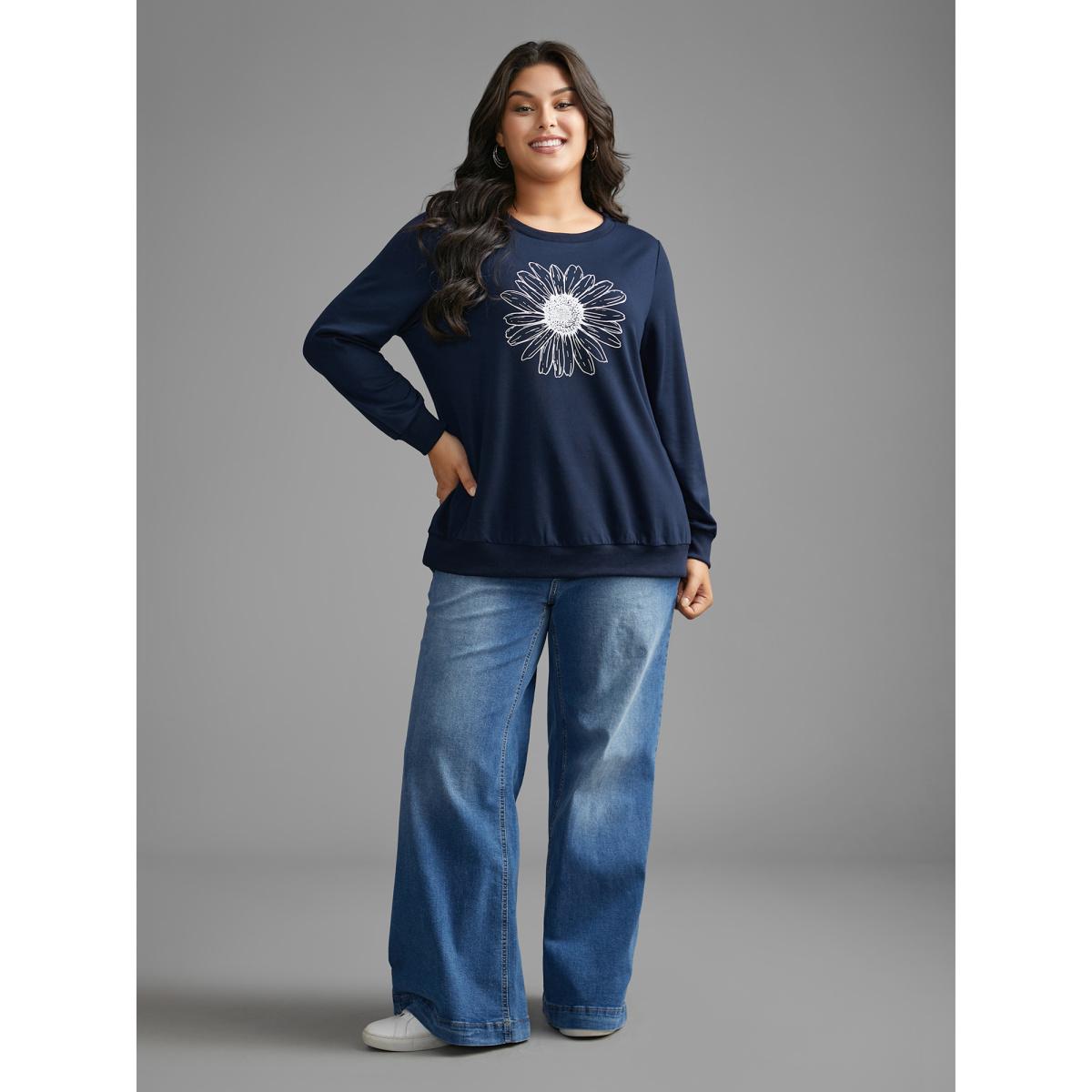 Plus Size Floral Print Crew Neck Sweatshirt Women Indigo Casual Non Round Neck Everyday Sweatshirts BloomChic 18-20/2X Product Image