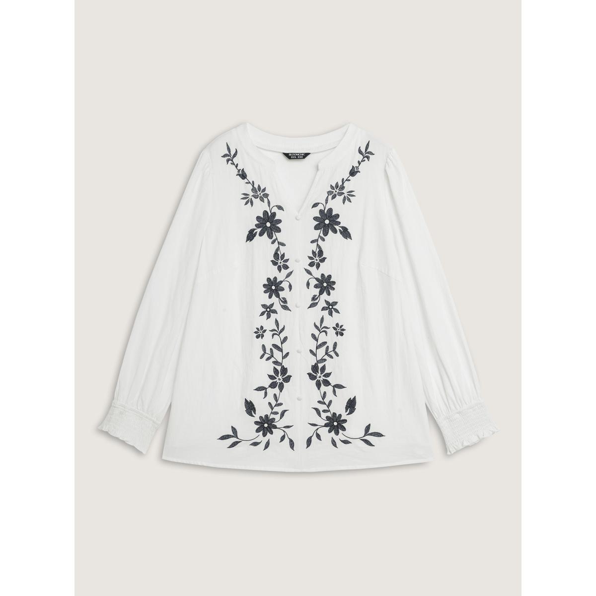 Plus Size Originalwhite Cotton Floral Embroidery Shirred Blouse Women Leisure Extra Long Sleeve Notched collar Vacation Blouses BloomChic 30/6X Product Image