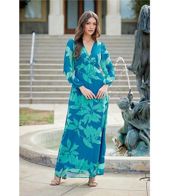 Maison Tara Long Sleeve V-Neck Front Twist 3/4 Sleeve Chiffon Empire Waist Maxi Dress Product Image