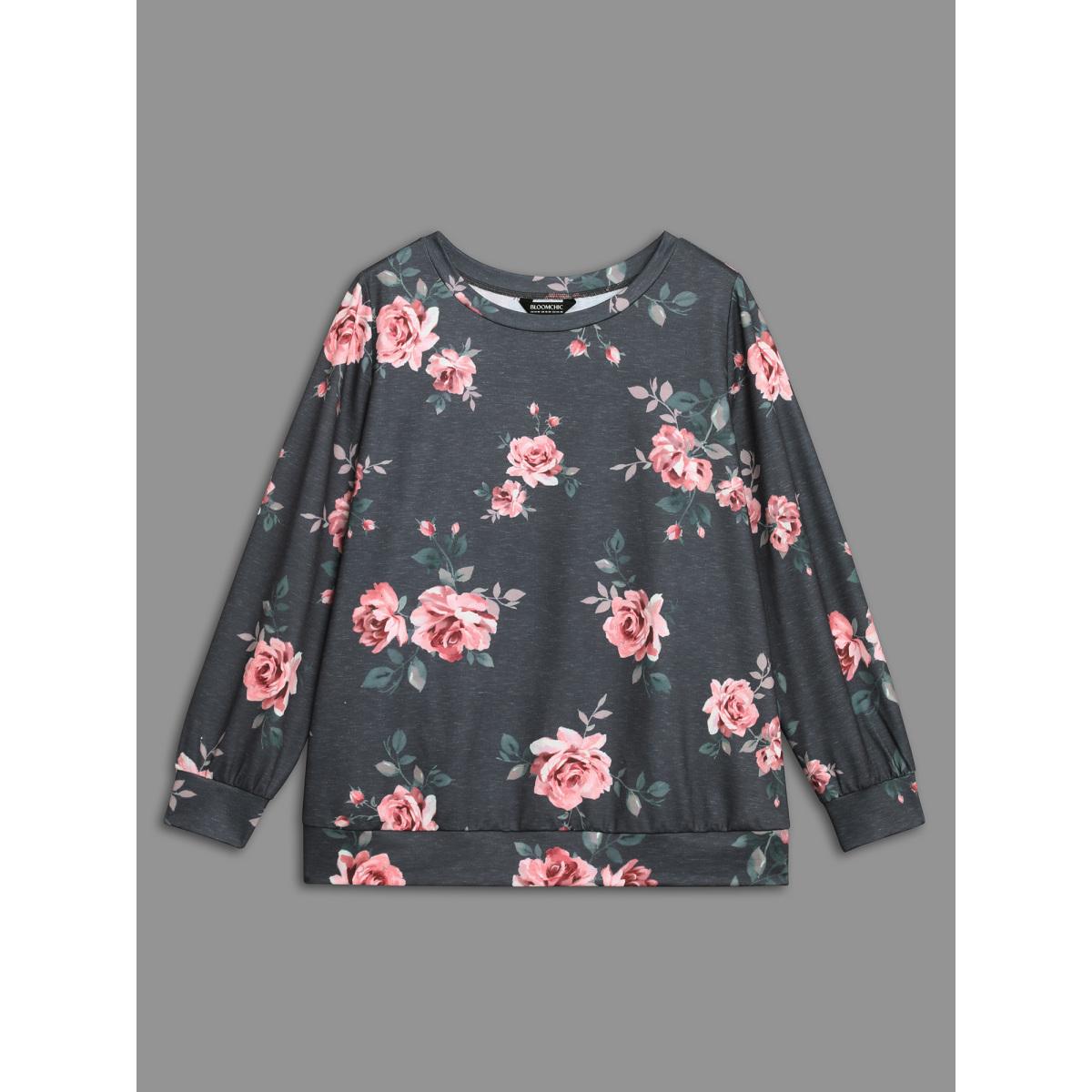 Plus Size Stretchy Floral Paint Sweatshirt Women BlackFlower Casual Contrast Round Neck Everyday Sweatshirts BloomChic 18-20/2X Product Image
