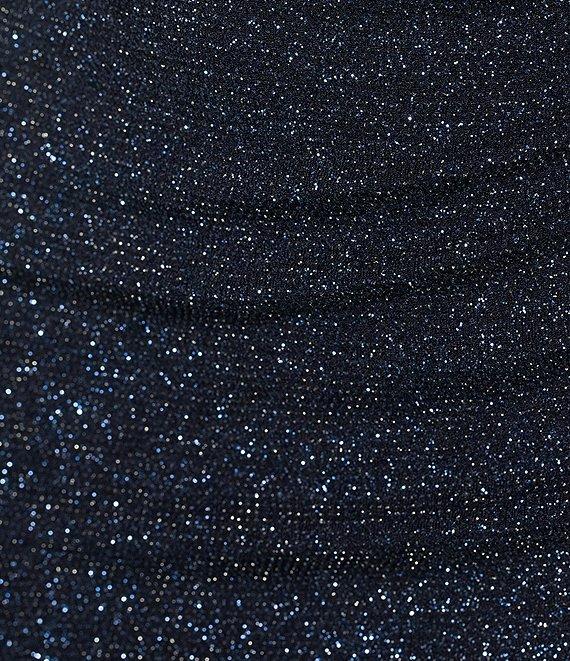 Next Up Adjustable Spaghetti Strap V-Neck Shirred Over Drape Glitter Dress Product Image