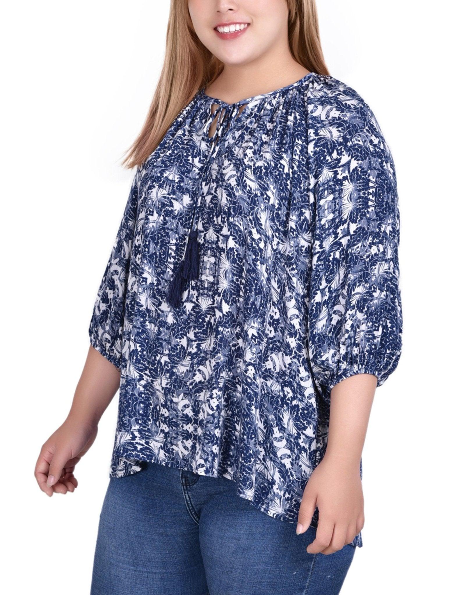 Navy Skyterrace 3/4 Sleeve Peasant Top With Tie Neckline - Plus Product Image