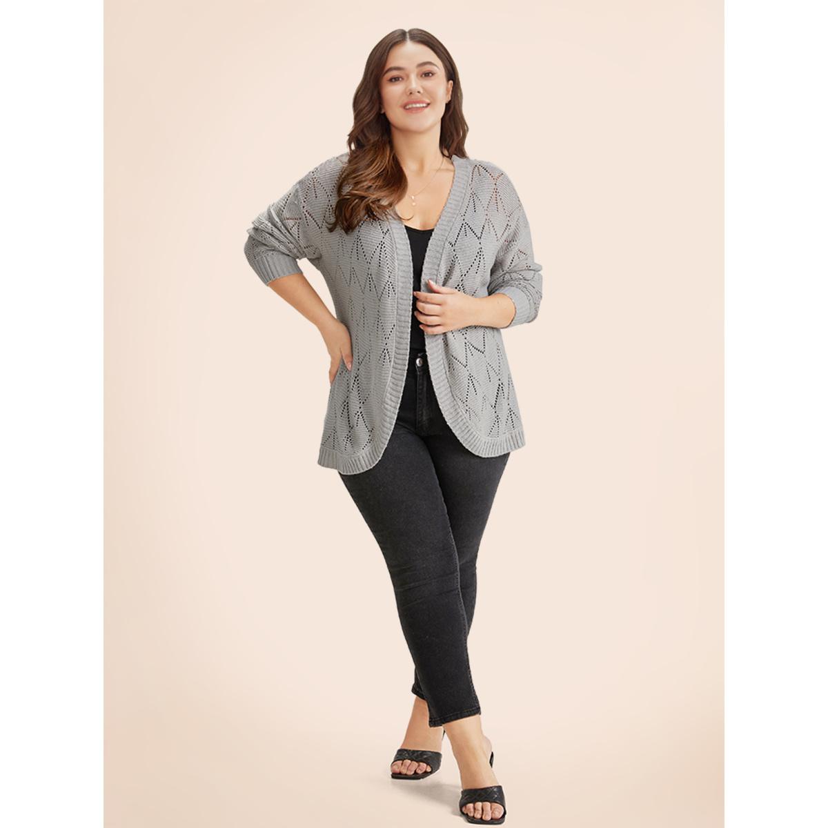 Plus Size Geometric Hollow Out Open Front Cardigan LightGray Women Leisure Loose Long Sleeve Casual Cardigans BloomChic 28/5X Product Image