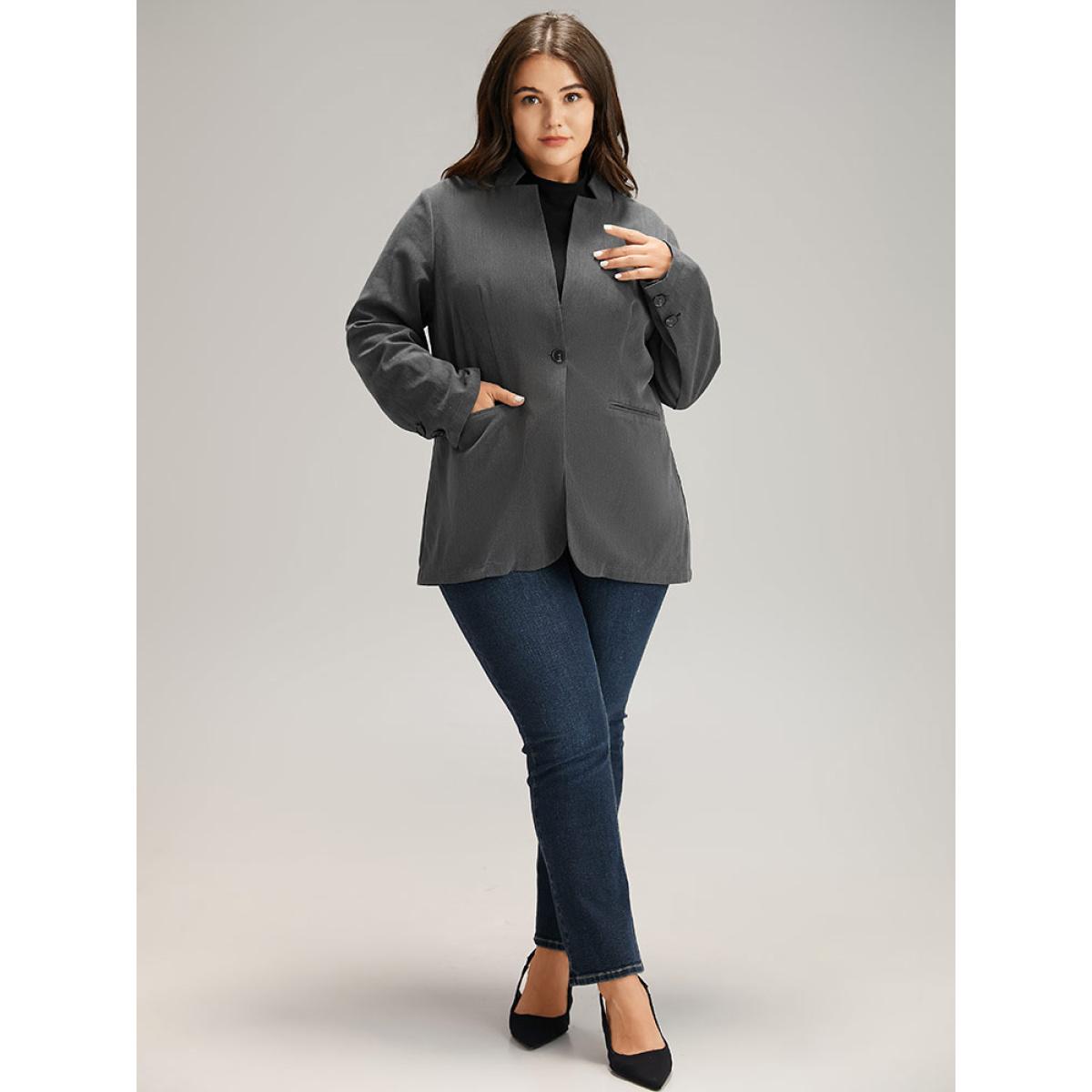 Plus Size Stand Collar Button Up Pocket Blazer Gray Women Office Plain Plain Sleeve Long Sleeve Stand-up collar 30/6X Pocket Office Blazers BloomChic Product Image