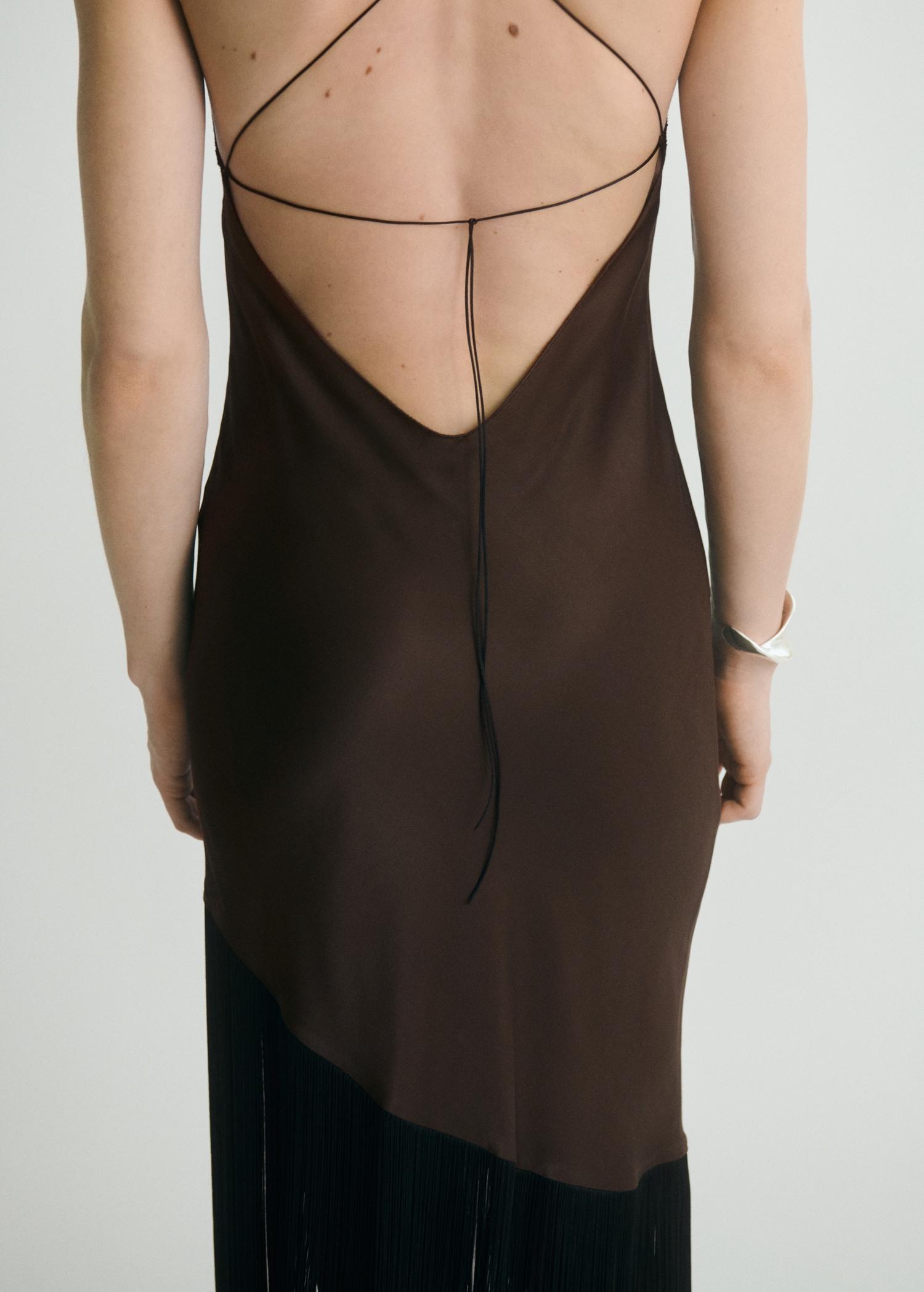 Asymmetrical satin dress with fringes - Women | MANGO USA Product Image