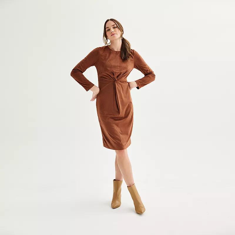 Women's Nicole Miller Faux Suede Long Sleeve Twist Front Dress, Size: 12, Brown Product Image