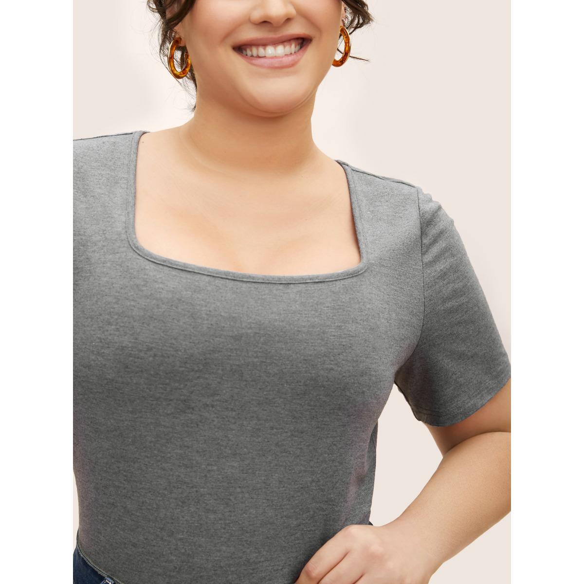Plus Size Supersoft Essentials Solid Square Neck Knit T-shirt DimGray Women Basics Non Square Neck Bodycon Everyday T-shirts BloomChic 30/6X Product Image