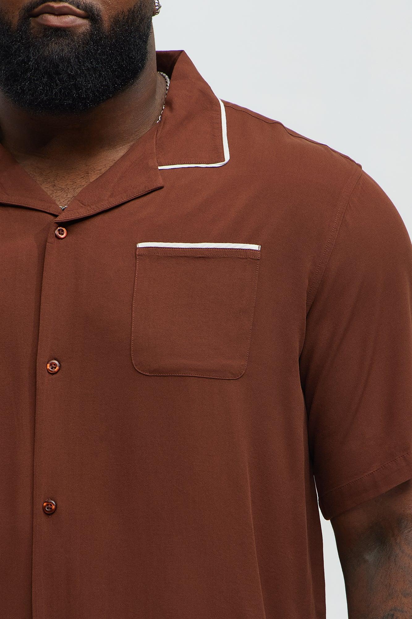 Casual Cropped PJ Style Button Up Shirt - Brown Product Image