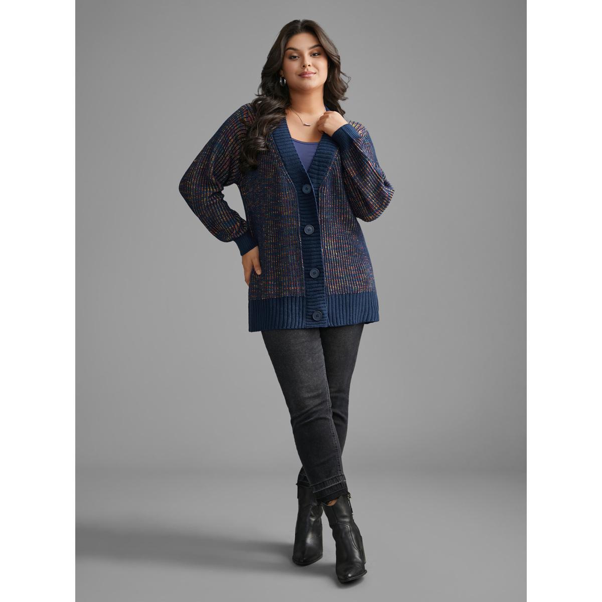 Plus Size Heather Textured Button Up Cardigan DarkBlue Women Casual Loose Long Sleeve Everyday Cardigans BloomChic 10/M Product Image