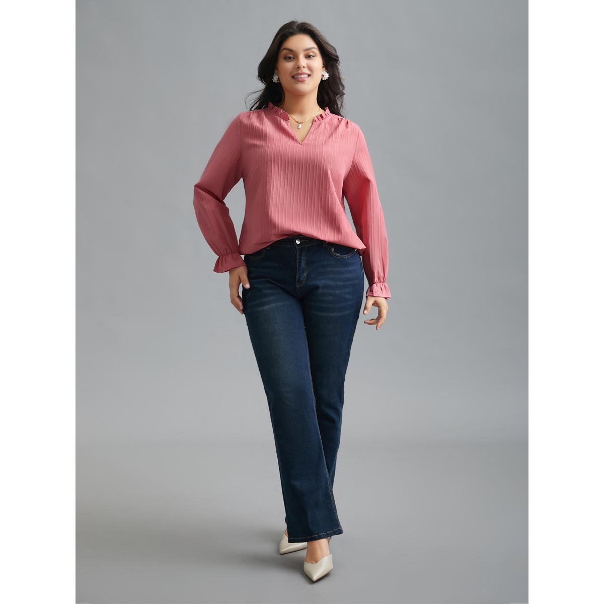 Plus Size DustyPink V Neck Frill Trim Textured Blouse Women Elegant Extra Long Sleeve V-neck Everyday Blouses BloomChic 30/6X Product Image