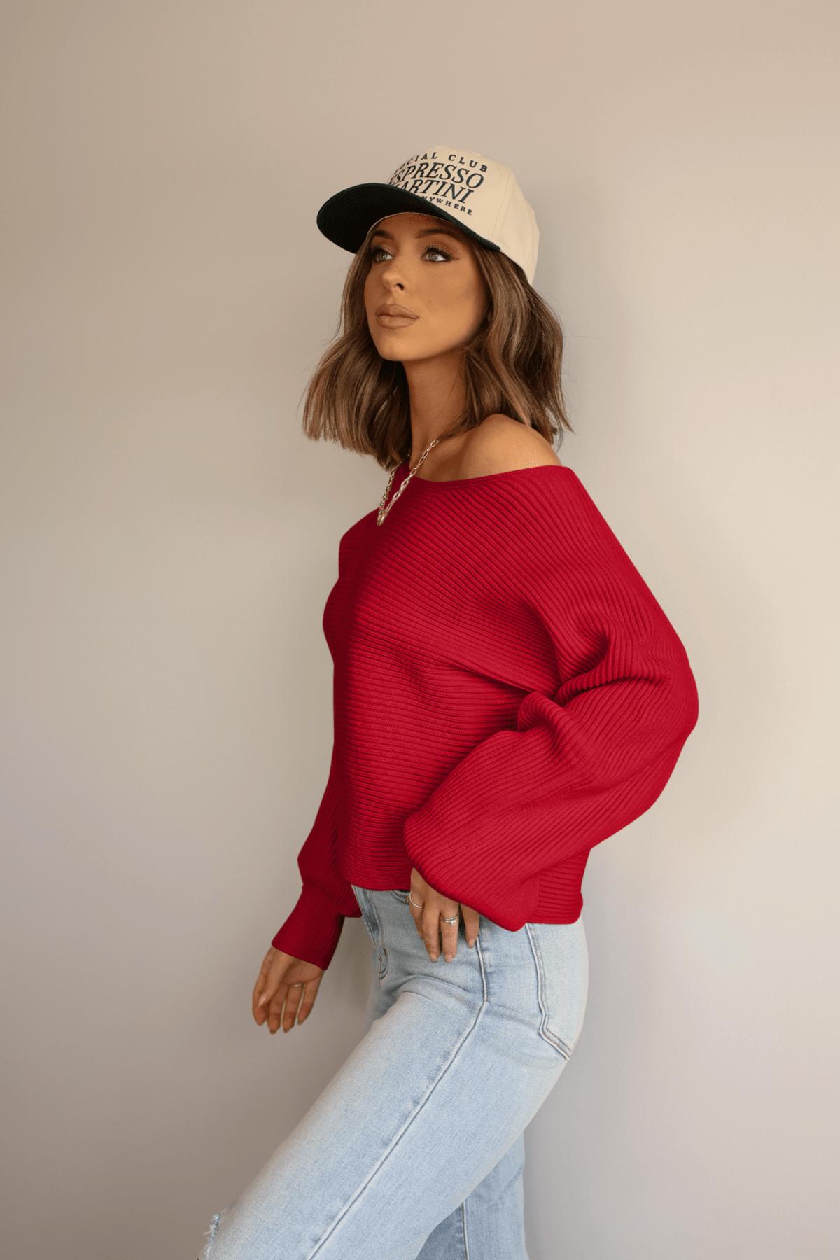 Avery Ribbed Boat Neck Sweater - Red - FINAL SALE Product Image