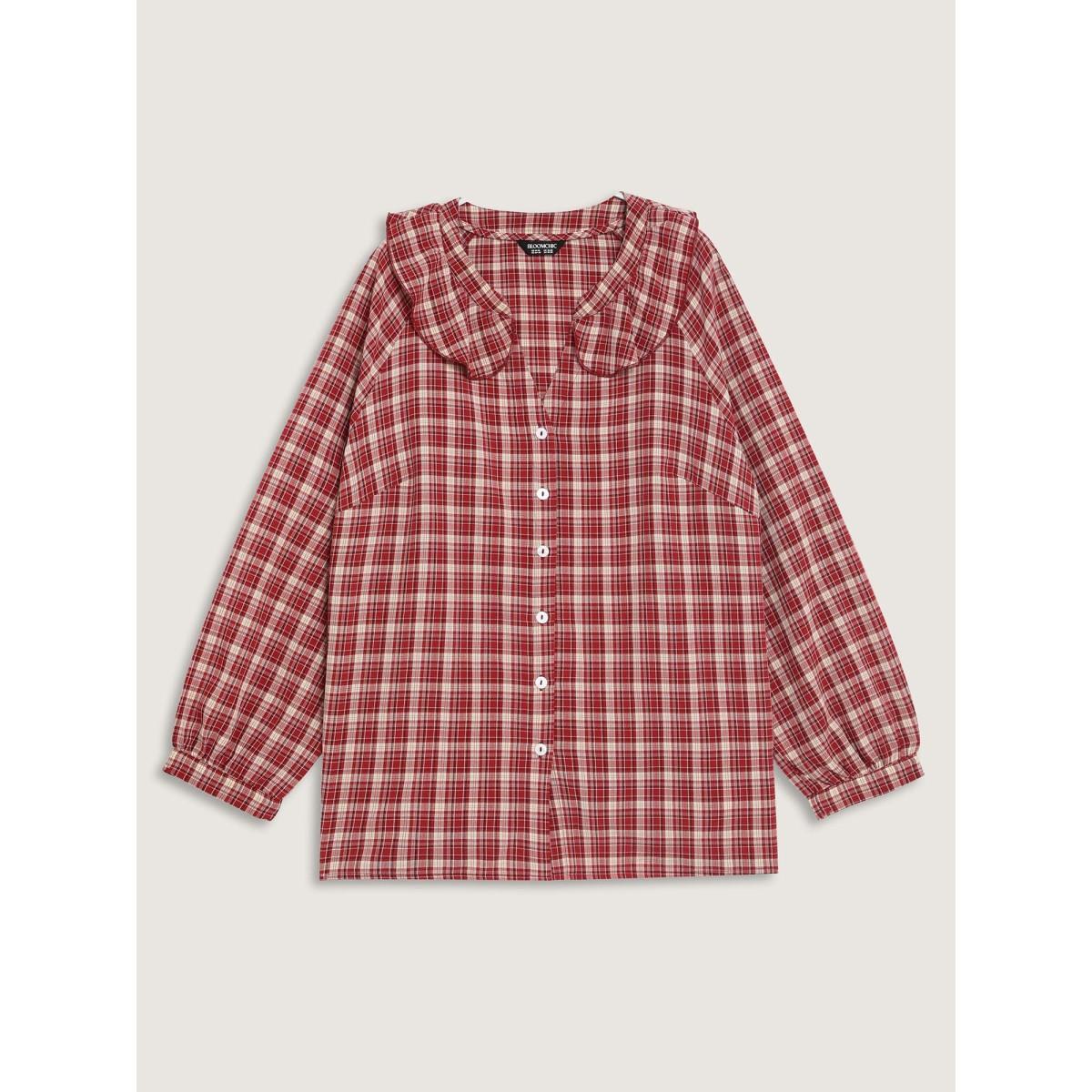 Plus Size Scarlet Gingham Print Ruffled Neck Button Blouse Women Leisure Long Sleeve Notched collar Casual Blouses BloomChic 22-24/3X Product Image
