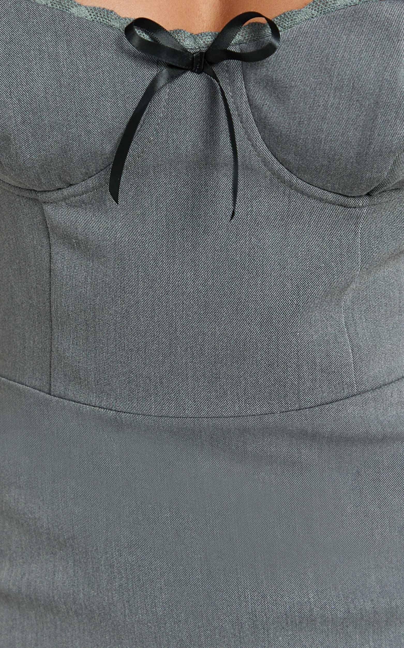 Tara Mini Dress - Lace Trim Sweetheart Neck Fitted Dress in Grey Product Image