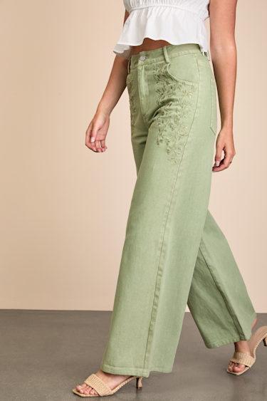 Ronnie Sage Green Twill Embroidered Wide-Leg Pants Product Image