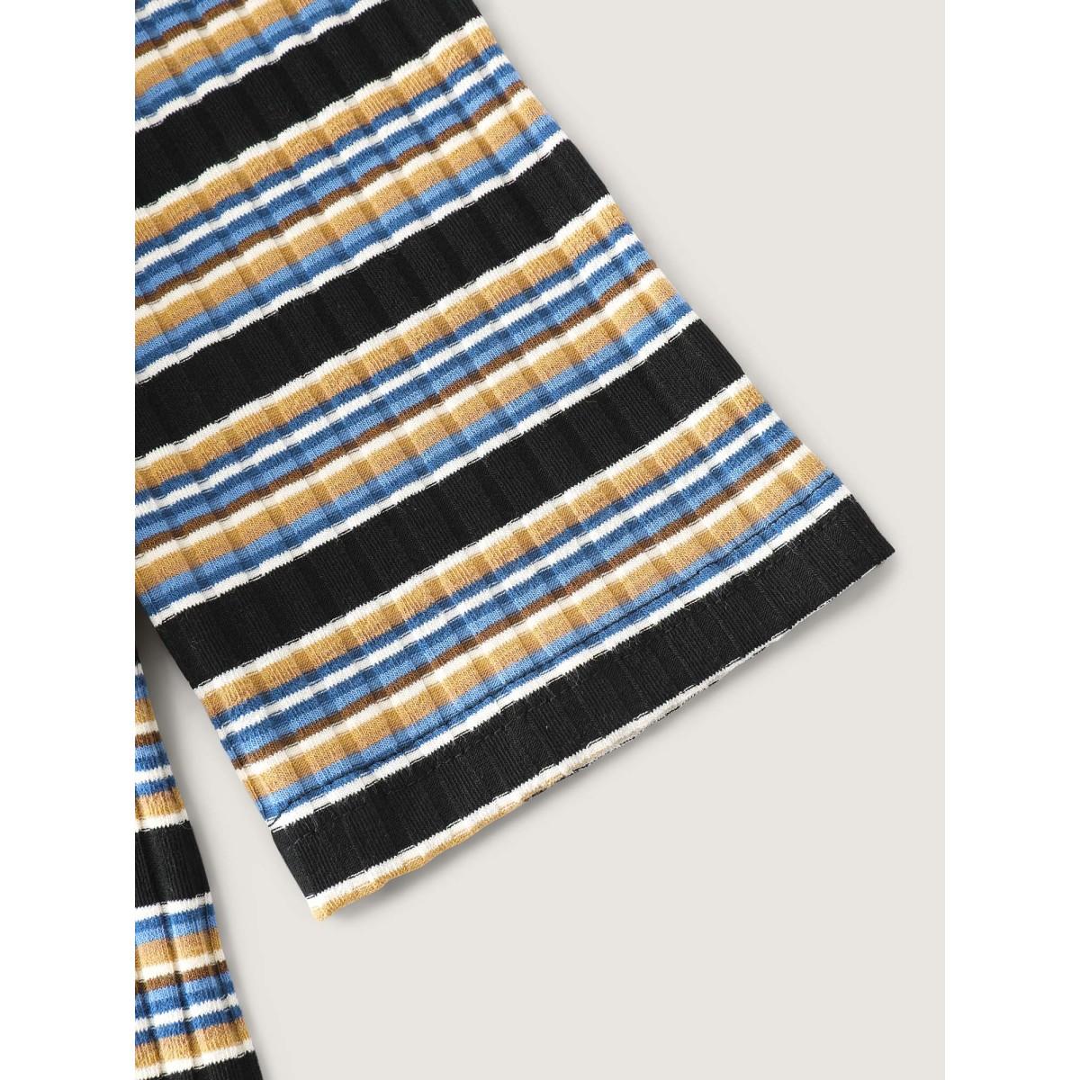 Plus Size Monochrome Stripe Embroidery T-Shirt Multicolor Women Leisure Texture Flat collar with V-notch Casual T-shirts BloomChic 12/L Product Image