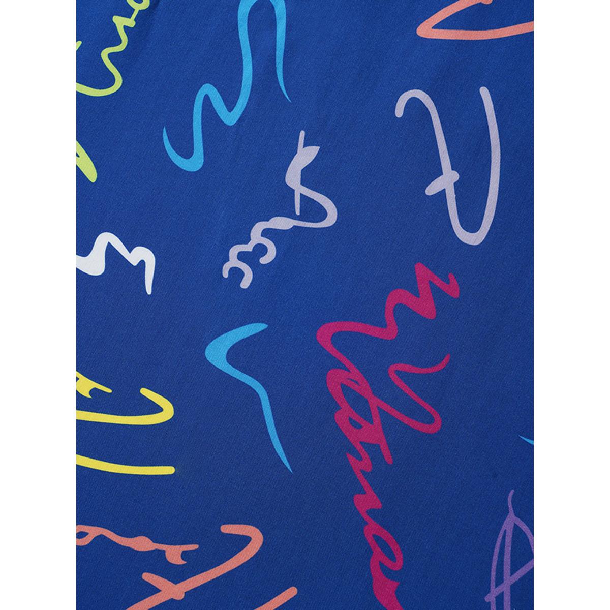 Plus Size Scribble Print Elastic Waist Midi Shirt Dress DarkBlue Women Casual Gathered Shirt collar Short sleeve Curvy BloomChic 12/L Product Image