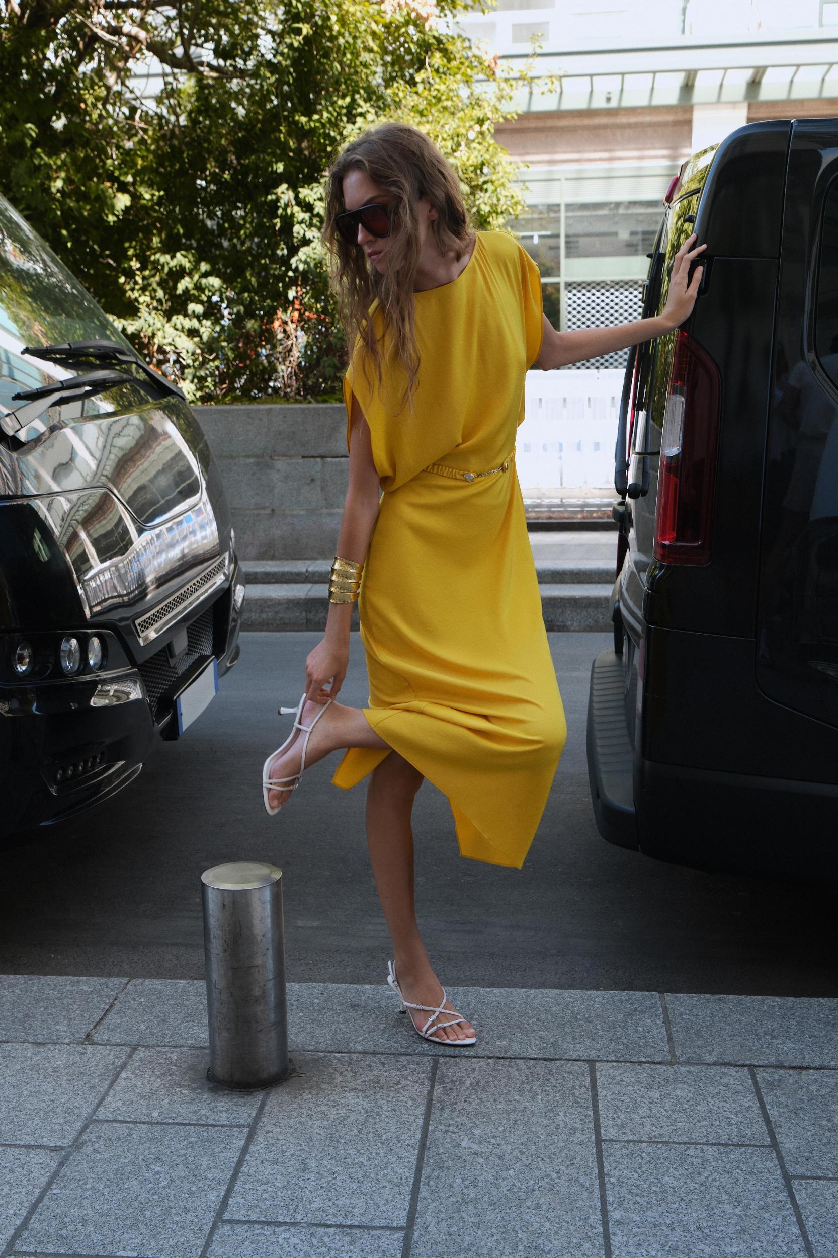 BELTED SATIN EFFECT MIDI DRESS Product Image