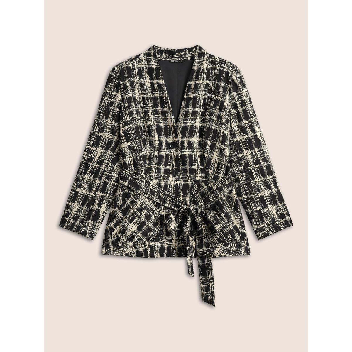 Plus Size Geometric Pocket Belted Lined Blazer Black Women Work Geometric Non Sleeve Long Sleeve V-neck 14-16/1X Patch pocket Belt At the Office Blazers BloomChic Product Image