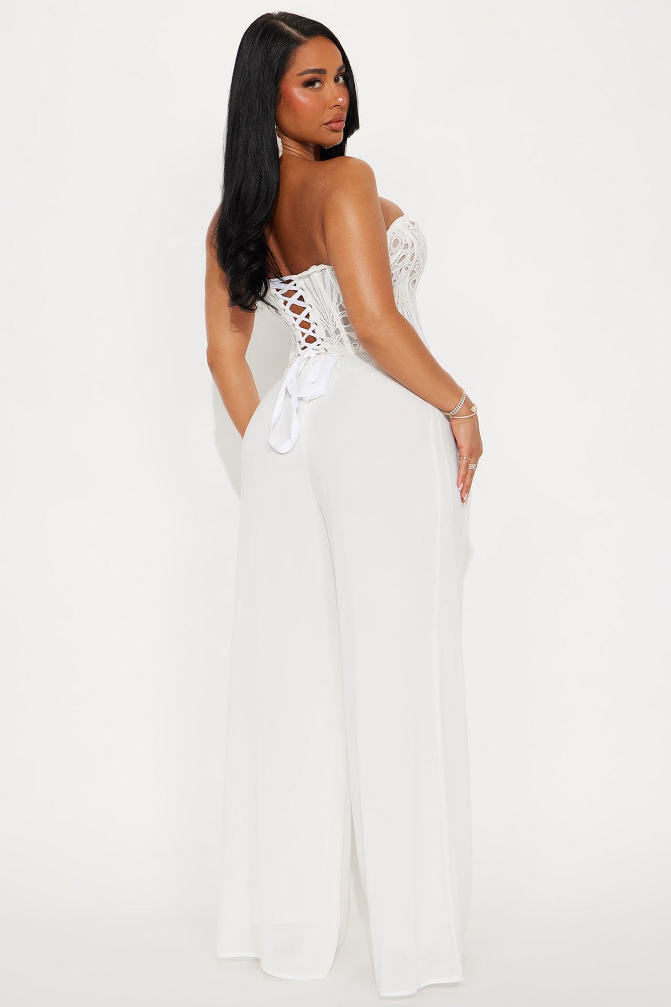 Luna Eyelet Corset Wide Leg Pant Set - White Product Image