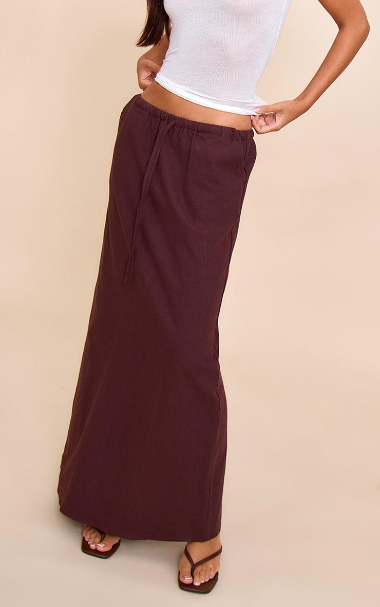 Deep Chocolate Premium Linen Drawstring Maxi Skirt Product Image