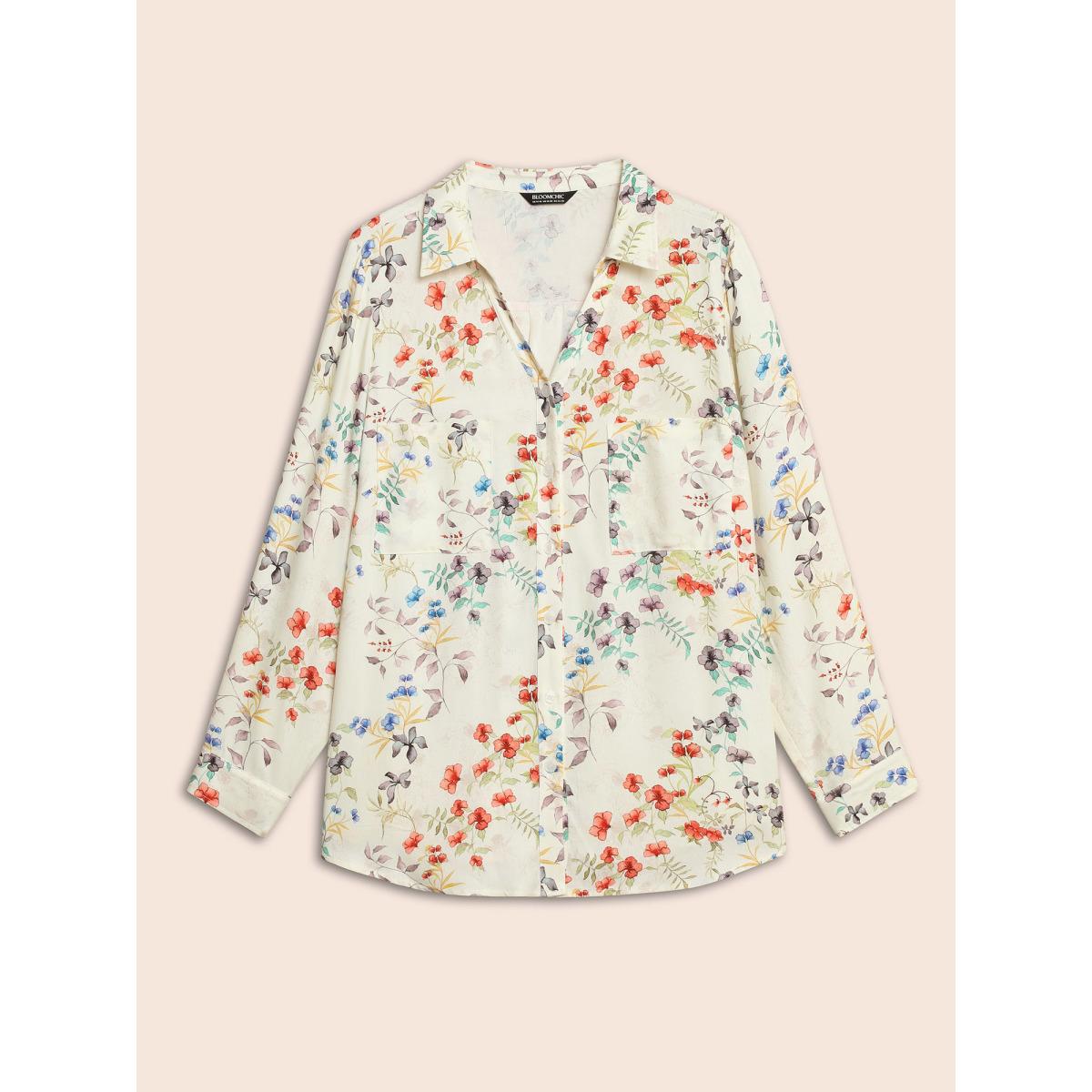 Plus Size Originalwhite Shirt Collar Floral Patched Pocket Blouse Women Elegant Long Sleeve Shirt collar Everyday Blouses BloomChic 30/6X Product Image