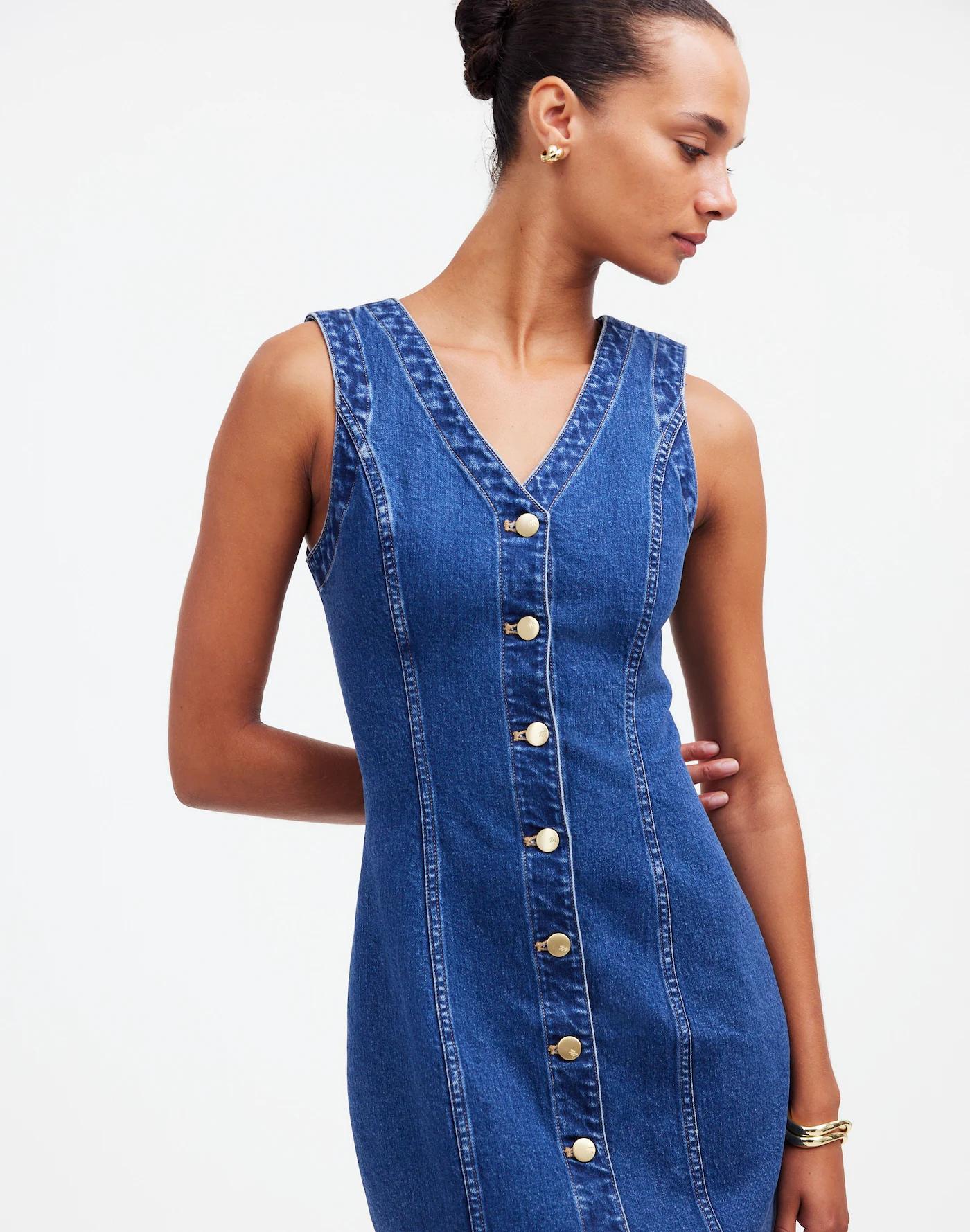 Denim V-Neck Midi Dress Product Image