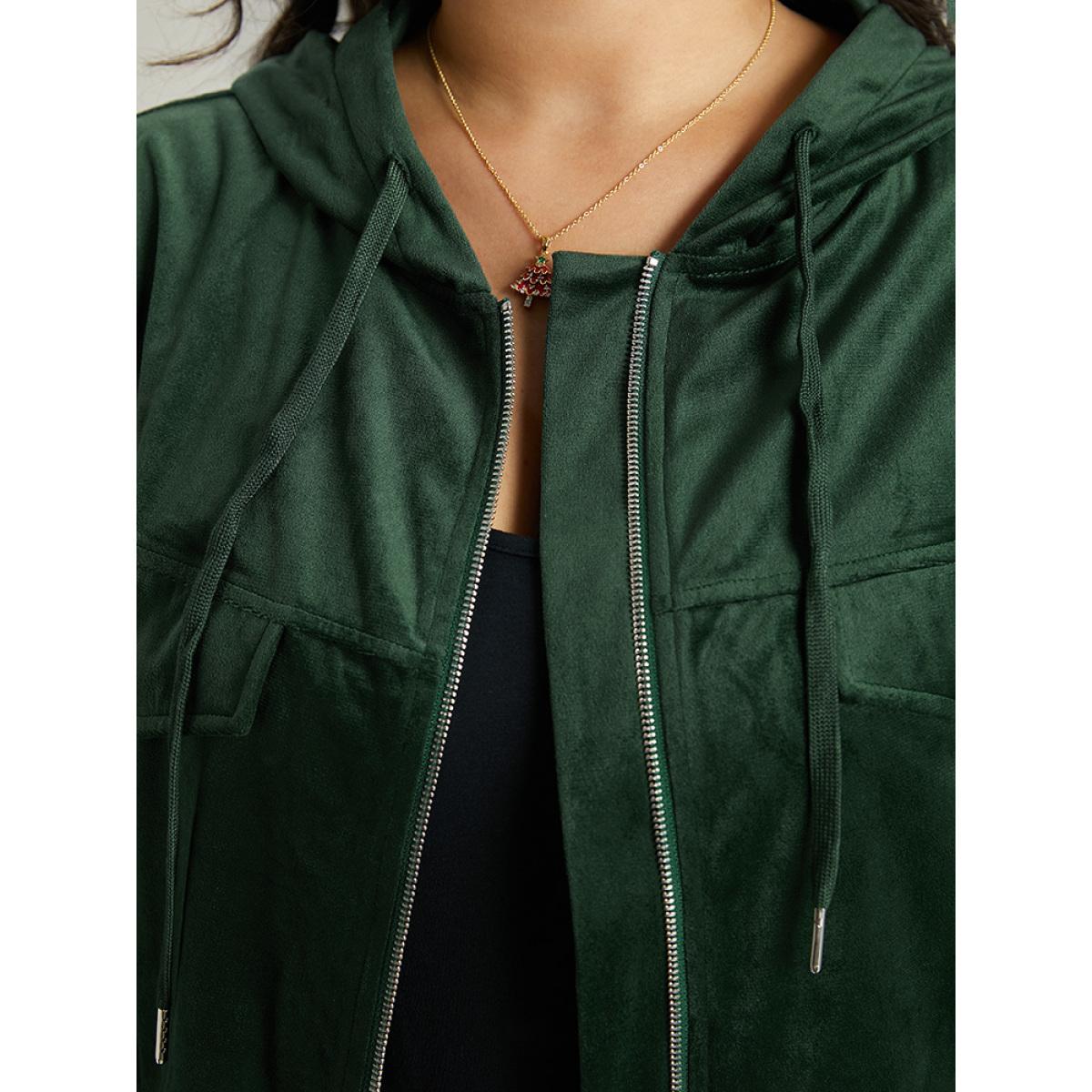 Plus Size Velvet Zipper Pocket Drawstring Hooded Jacket Women Emerald Elastic cuffs Pocket Dailywear Jackets BloomChic 14-16/1X Product Image