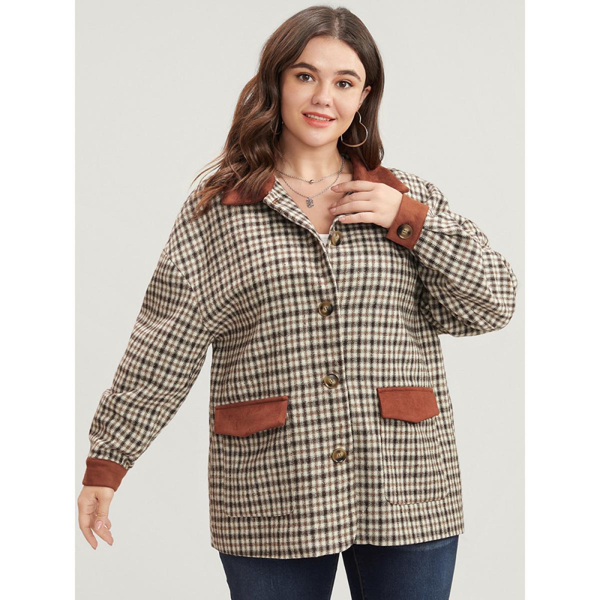 Plus Size Gingham Contrast Button Up Flap Pocket Coat Women Chocolate Casual Patchwork Ladies Dailywear Winter Coats BloomChic 14-16/1X Product Image