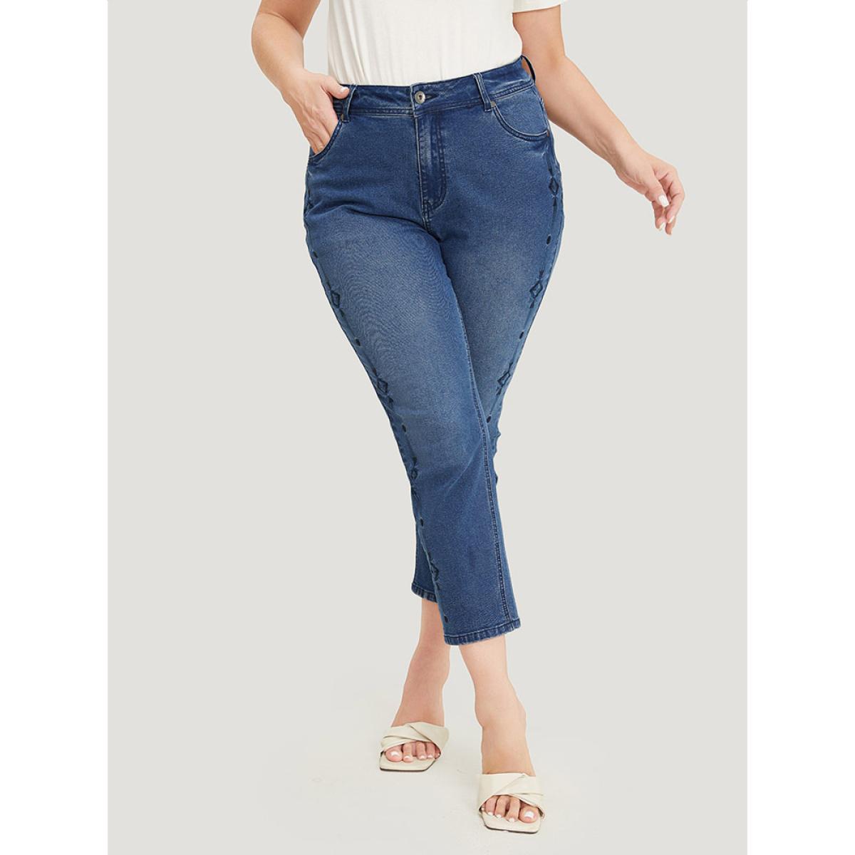 Plus Size Very Stretchy Medium Wash Geometric Embroidered Jeans Women Indigo Casual Plain Embroidered High stretch Jeans BloomChic 12/L Product Image