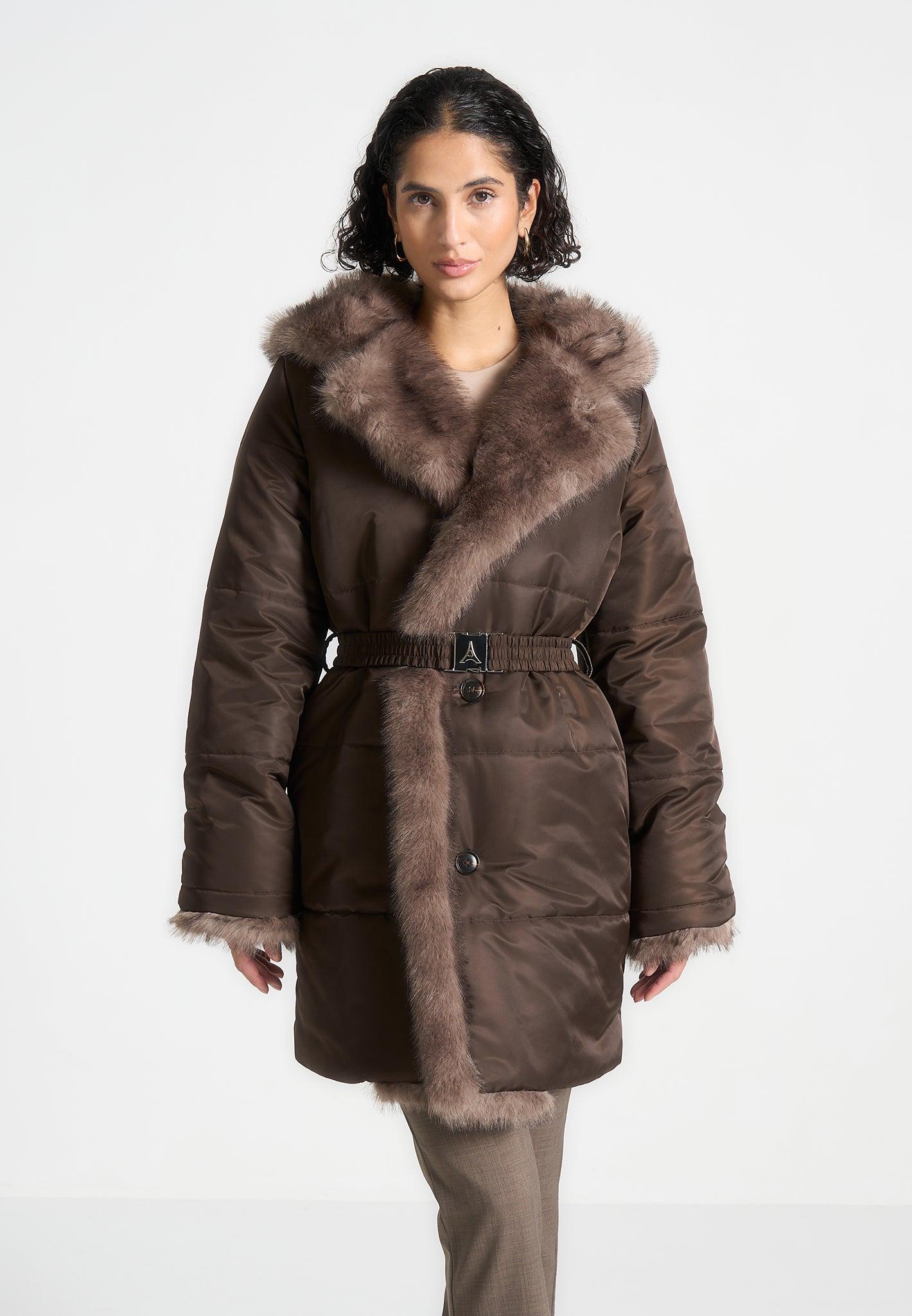 Alima - Fur Longline Belted Coat - Brown Female Product Image