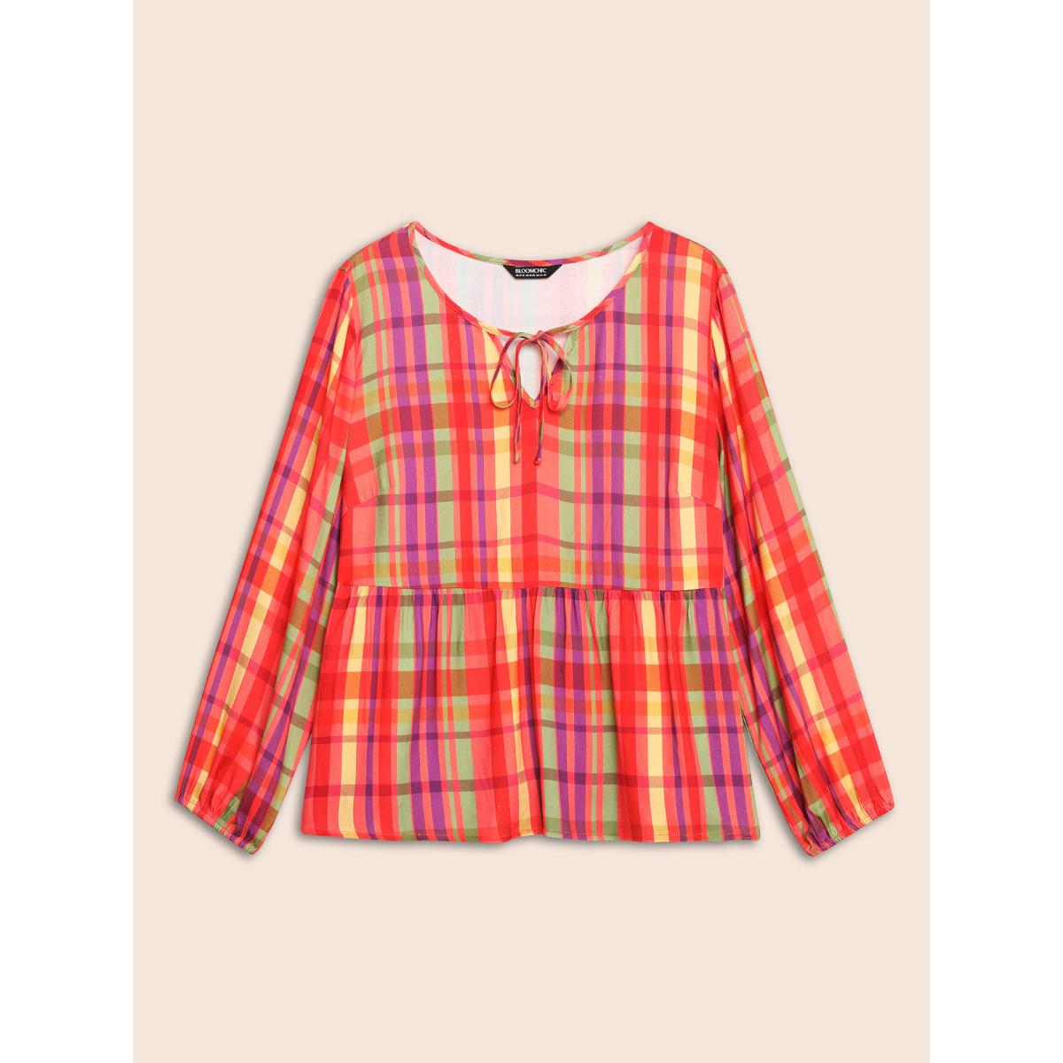 Plus Size Multicolor Colored Plaid Tie Knot Ruffle Hem Blouse Women Casual Long Sleeve Notched collar Everyday Blouses BloomChic 28/5X Product Image