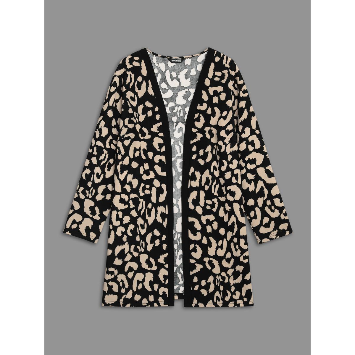 Plus Size Leopard Print Color Contrast Kimono Women LightBrown Elegant Contrast Loose Side seam pocket Everyday Kimonos BloomChic 22-24/3X Product Image